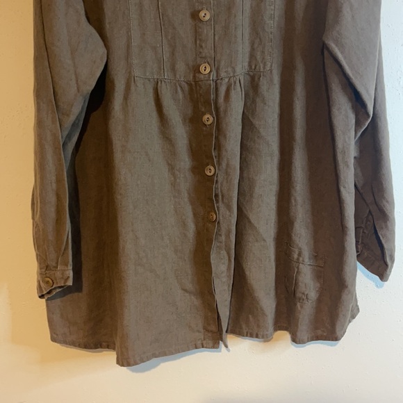 Flax Olive Green Long sleeved button up Linen Tunic Top Blouse Sz Medium - Picture 7 of 11
